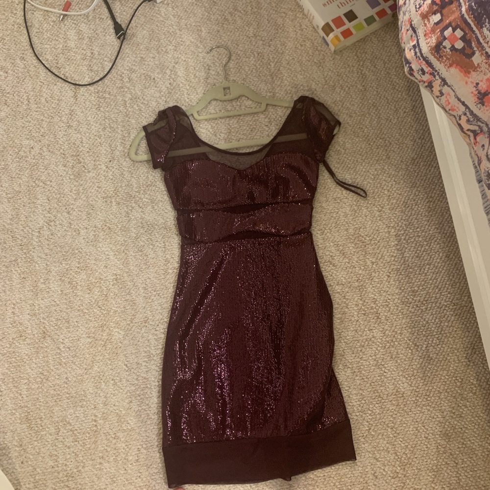 NWT BCBG plum sequin sheer cutout bodycon dress